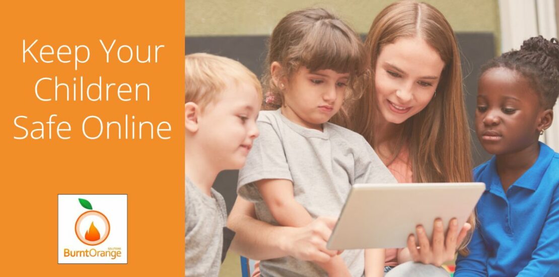 Words keep your children safe online, group of children and parent looking at a tablet